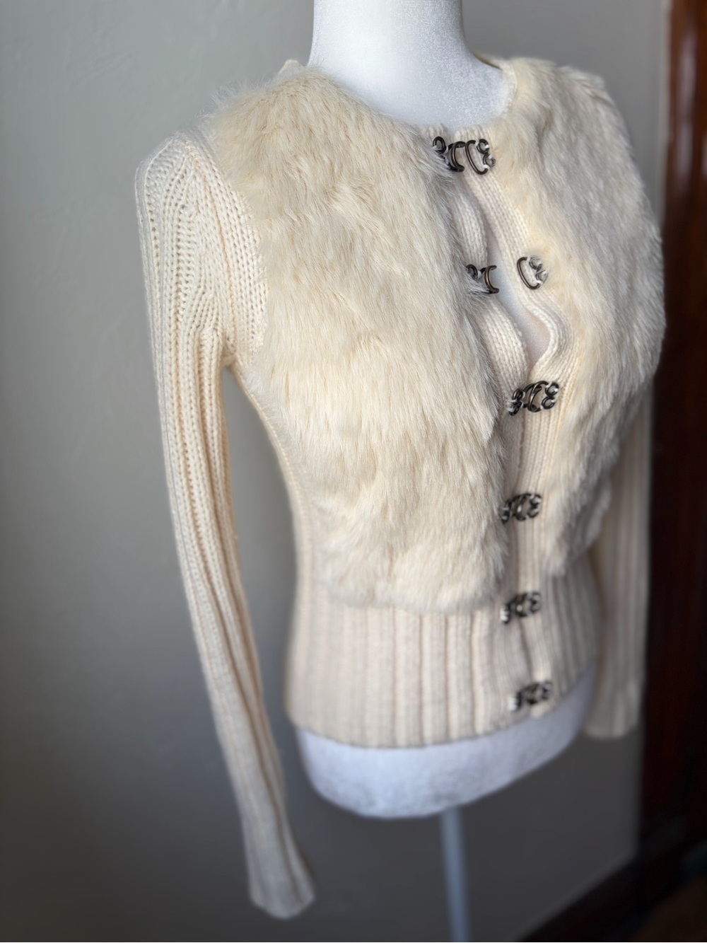 VTG Y2K LOFT Faux Fur Wool Blend Ribbed Cardigan Ivory XS - Picture 4 of 10